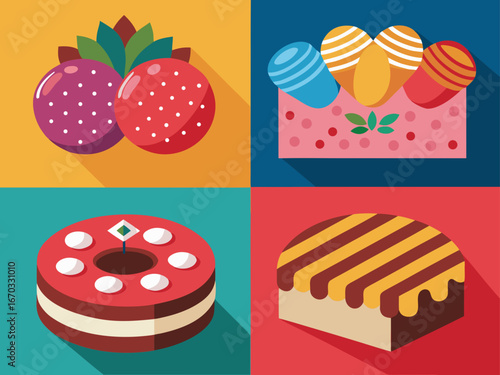 Colorful flat design desserts and fruits collage