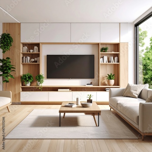 Sunlit Japandi Living Room with Custom Wood Media Wall and Lush Greenery.