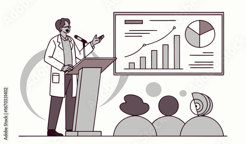Scientist speaking at conference in front of audience. Male doctor speaker making scientific discovery announcement on seminar in auditorium flat vector illustration. Science, medicine concept