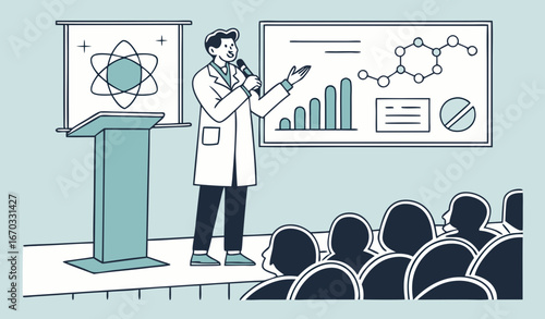 Scientist speaking at conference in front of audience. Male doctor speaker making scientific discovery announcement on seminar in auditorium flat vector illustration. Science, medicine concept