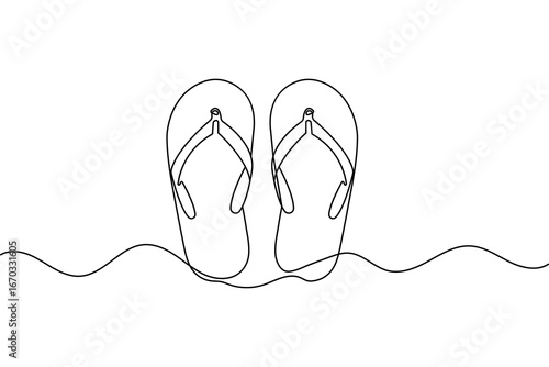 Continuous one line drawing of beach slippers sandals minimalist style outline vector isolated illustration back and white
