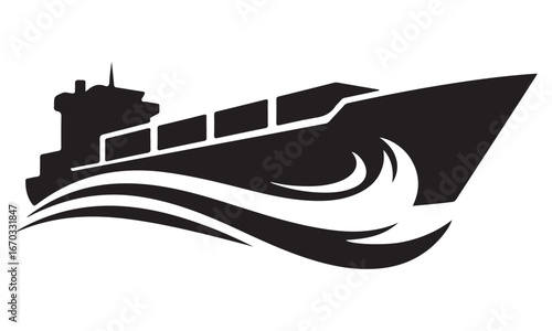 Modern black cargo ship vector illustration with waves, maritime transportation design element