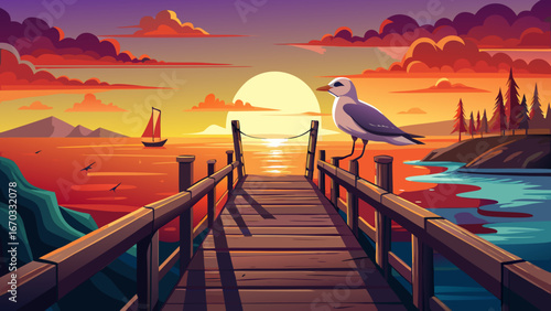Perched on a weathered pier, a seagull gazes at distant horizons bathed in crimson sunset glow. Gentle breezes carry whispers of the sea, echoing timeless tales of adventure.