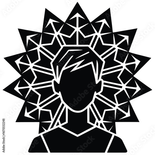 Vector art of stylized black silhouette of a persons head and shoulders against a backdrop of a geometric mandala pattern