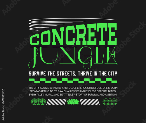 Concrete jungle, Urban streetwear typography graphic tee, Urban street style t-shirt designs, Urban culture lettering, Apparel design for print, Graffiti art illustration
