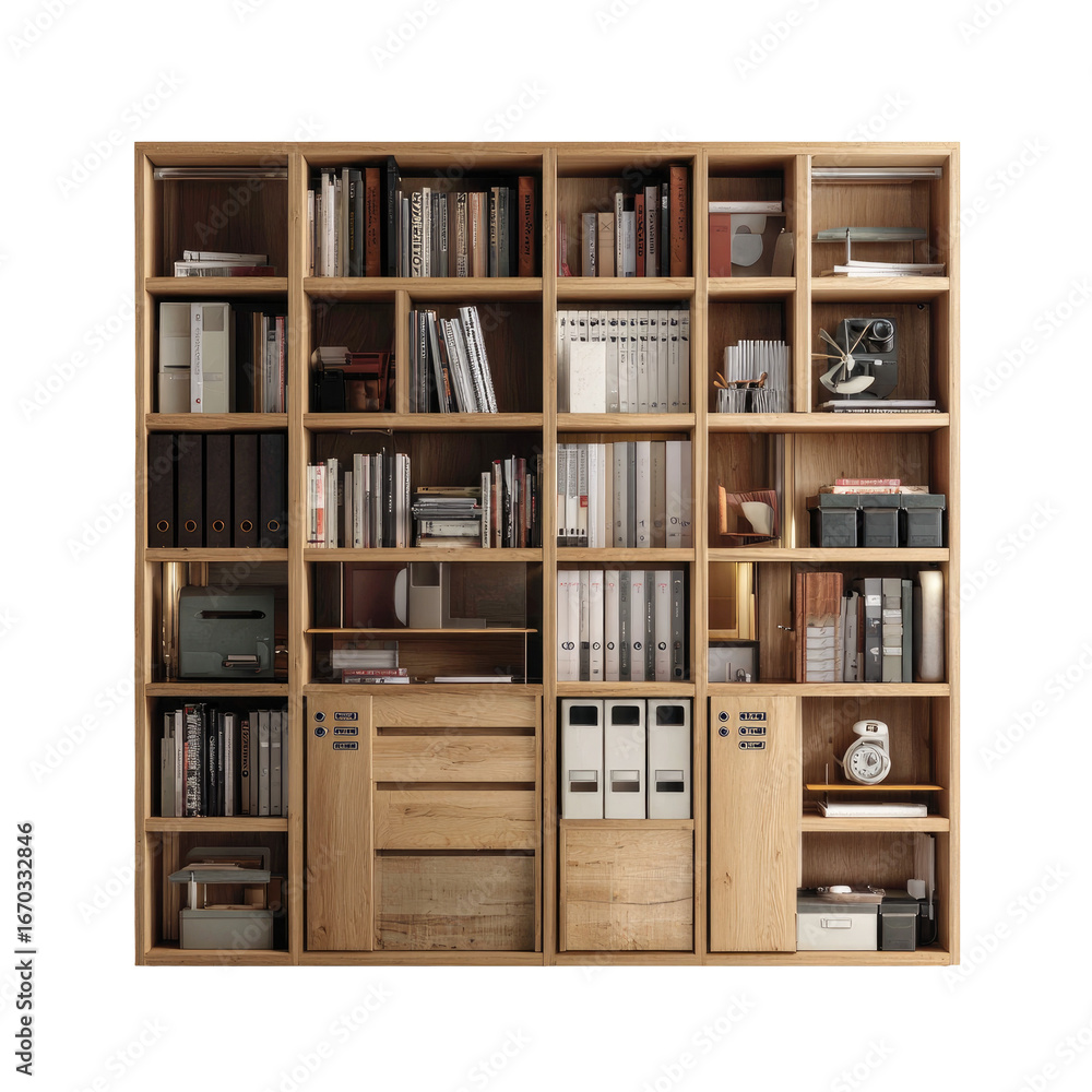 The 2-Meter High Light Oak Bookcase Consists of Two Sections on Transparent Background The 2-Meter High Light Oak Bookcase Consists of Two Sections on Transparent Background