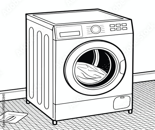 Vector illustration of a white front-load washing machine, a household appliance for laundry and cleaning clothes