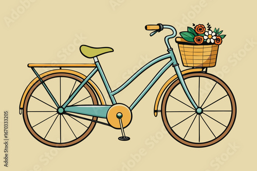 Vector art of a charming vintage bicycle with a basket full of colorful flowers, perfect for a leisurely ride or a romantic outing