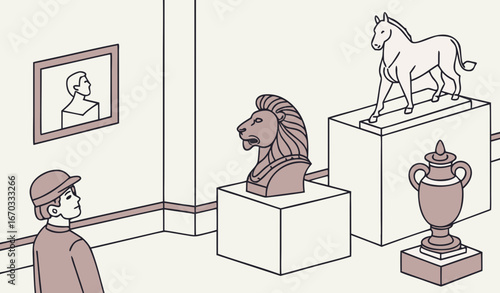 Modern sculpture exhibition at museum vector illustration. Drawing of sculptural showcase at gallery, sculptures of human head, lion, horse, vase and abstract shape. Creativity, art exhibition concept