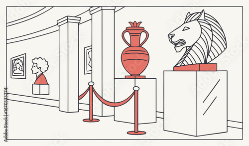 Modern sculpture exhibition at museum vector illustration. Drawing of sculptural showcase at gallery, sculptures of human head, lion, horse, vase and abstract shape. Creativity, art exhibition concept