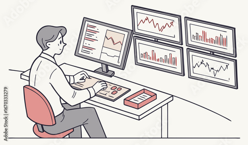 Broker working on stock market at workplace. Trader analyzing financial charts on multiple computer monitors. Vector illustration trading office, finance, analysis, investor job concept