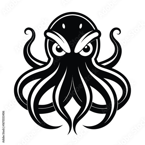 Vector art of menacing octopus with sharp eyes and tentacles, a creature of the deep sea, depicted in a bold graphic style