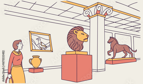 Modern sculpture exhibition at museum vector illustration. Drawing of sculptural showcase at gallery, sculptures of human head, lion, horse, vase and abstract shape. Creativity, art exhibition concept