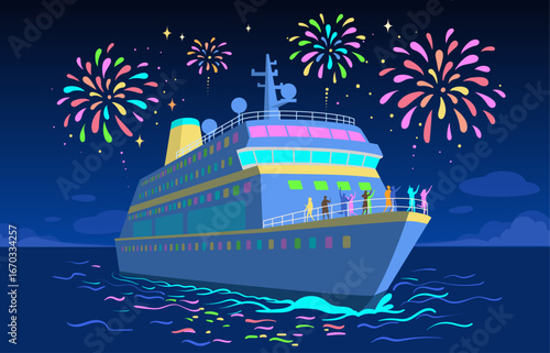 A cruise ship at night with people celebrating on deck as fireworks light up the sky, symbolizing a festive cruise vacation, celebration, and the joy of travel.