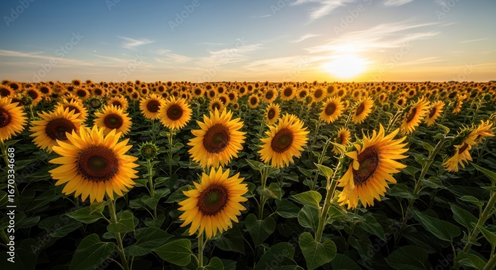 Fototapeta premium Sunset over a vast sunflower field. Golden blooms stretch to the horizon