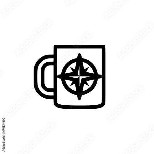 Vector icon of a mug combined with compass symbol representing adventure and exploration