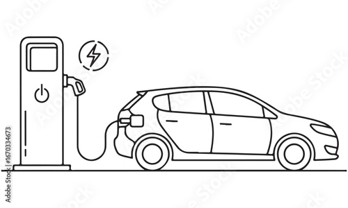 Electric car charging at station, EV, modern vehicle, black and white line art vector illustration