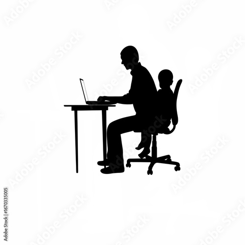 Silhouette of a father hugging his child after closing his laptop at his desk isolated on white background