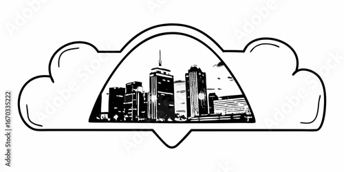 Cityscape silhouette inside cloud shape with skyline and building structures in black and white sketch