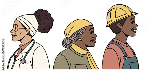 Illustration showing three diverse women in different professions standing side by side in profile view