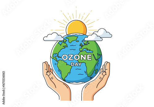 Illustration depicting Earth held in hands, celebrating Ozone Day with sun and clouds.