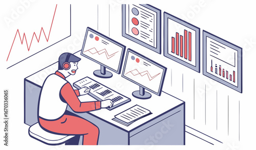 Broker working on stock market at workplace. Trader analyzing financial charts on multiple computer monitors. Vector illustration trading office, finance, analysis, investor job concept