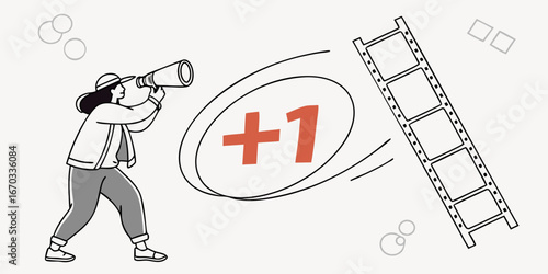Woman looking through a spyglass at a film strip near a plus one sign on a white background