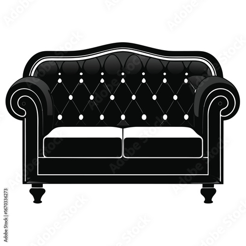 Vector art of a classic black chesterfield sofa with tufted upholstery and white seat cushions, isolated on a