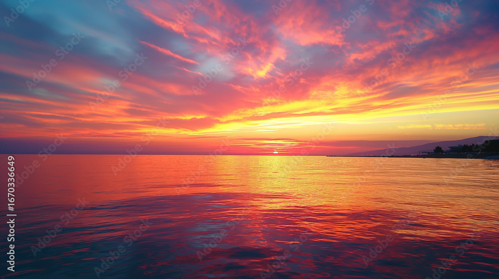 Obraz premium Ocean Sunset with Fiery Sky Reflecting in Calm Water