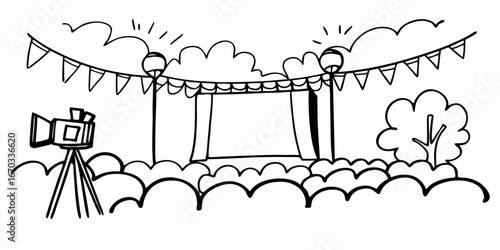 A theatrical stage with curtains, a camera, and an audience drawn in a cartoonish, black and white style