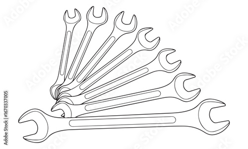 Illustration of several spanners in black outline on a white backdrop.