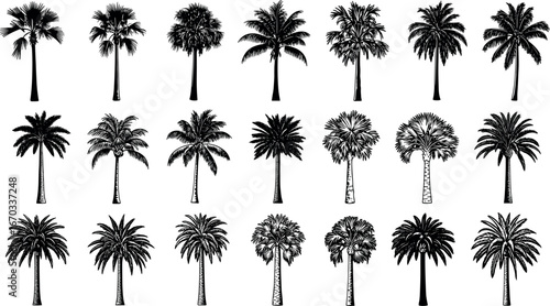 Collection of diverse palm tree silhouettes in a black and white artistic illustration style