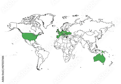 World map highlighting select regions in green, showcasing geographical distribution.