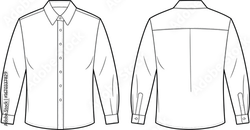 Technical flat fashion illustration of classic long sleeve button-up shirt with cuffs, pointed collar, back yoke, front and back views, clothing template.