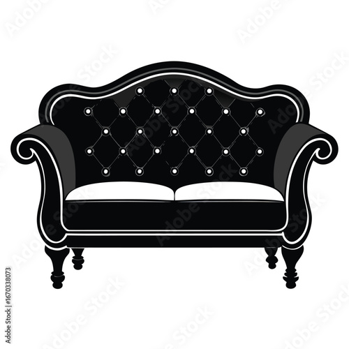 Vector art of elegant black tufted sofa with scrolled arms and carved wooden legs, isolated on a, showcasing a luxurious and classic furniture design for interior decoration
