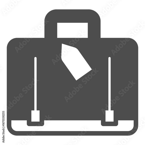 Leather briefcase with tag solid icon, traveler survey concept. Vector graphics. Tourist luggage, baggage sign on white background, glyph style icon for mobile or web design.