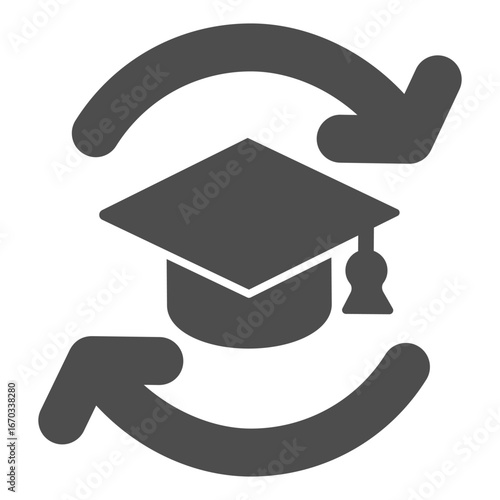 Two arrows and student hat solid icon, student exchange program concept. Vector graphics. Graduate cap, education sign on white background, glyph style icon for mobile or web design.
