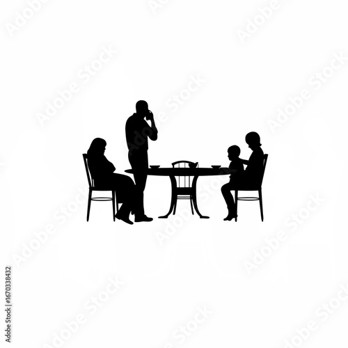 Silhouette of a busy man putting phone aside at dinner table talking to family silhouette isolated on white background