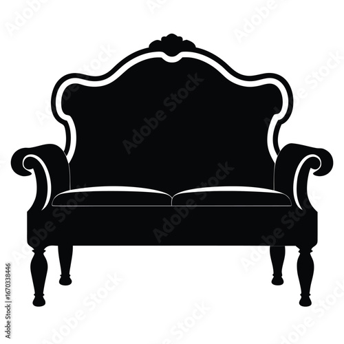 Vector art of stylized black silhouette of a vintage baroque sofa with a high back, scrolled arms, and cabriole legs, isolated on a, embodying historical furniture aesthetics and regal interior design