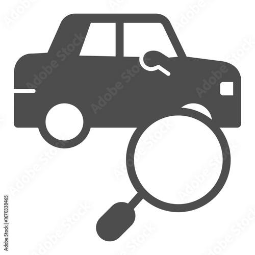 Car vehicle with magnifier solid icon, air travel booking concept. Vector graphics. Airport taxi cab search, wayfinding sign on white background, glyph style icon for mobile or web design.