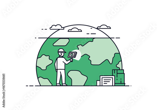 A worker in a hard hat uses a digital tablet to scan and monitor a section of the green Earth, representing global technology, environmental management, and smart solutions.