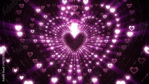 Sparkling purple pink glowing hearts tunnel seamless luminous romantic abstract background loop motion