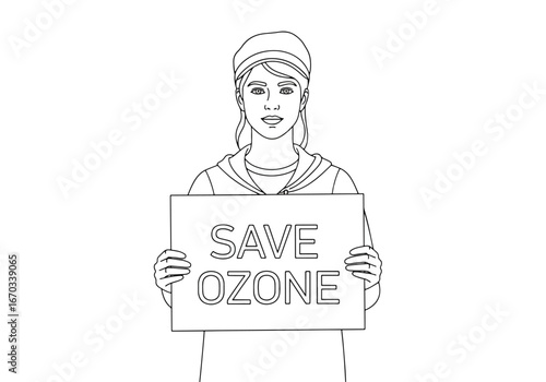A young woman holding a sign advocating for ozone layer protection, smiling.