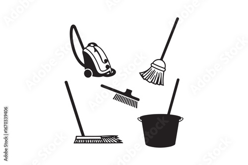 Collection of cleaning tools including a vacuum cleaner and brooms