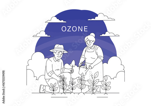 Elderly couple planting seedlings in a garden under the word "OZONE", with clouds.