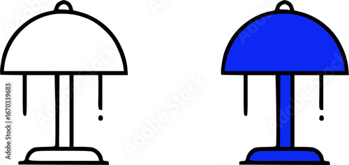 Two table lamps, one white and one blue, with a simple design.