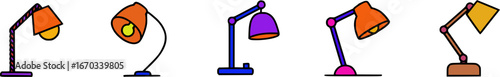 Collection of cartoon desk lamps in various colors and positions, isolated on white background.