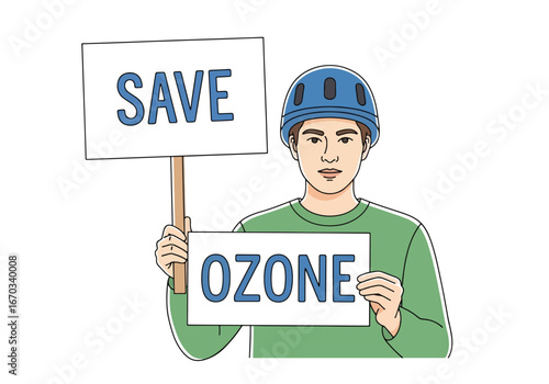 A young man wearing a helmet holds signs promoting ozone layer protection.