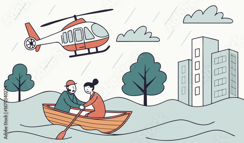 mini Couple in boat during flood in city vector illustration. Cartoon drawing of mini helicopter searching for man and woman floating on wooden boat. Flood, natural disaster, danger concept 