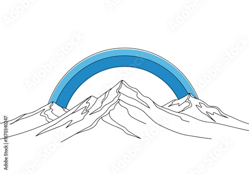 Line art illustration of snow-capped mountains with a blue rainbow arching above the peaks, set against a white background.